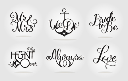 Calligraphy Art Cuttable Designs. Set of unique monochrome wedding signs for sweetheart table. A picture is suitable for printing, engraving, laser cutting paper, wood, metal, stencil manufacturing.のイラスト素材