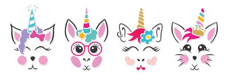 Cute and happy unicorn, cat, bunny faces. Fantastic clipart for birthday or party invitations, t-shirt, pillow, etc.のイラスト素材