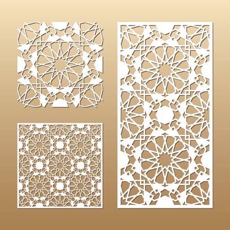 Die cut card. Laser cut vector panel. Cutout silhouette with geometric seamless pattern. A picture suitable for printing, engraving, laser cutting paper, wood, metal, stencil manufacturing.のイラスト素材