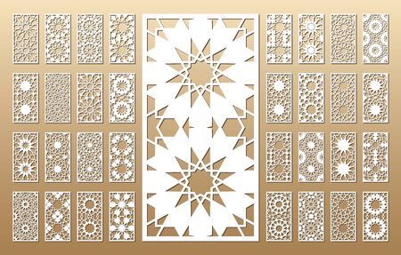 33 vector panels. Cutout silhouette with arabic (girih geometric) pattern. A picture suitable for printing invitations, laser cutting (engraving) stencil, wood and metal decorations.のイラスト素材