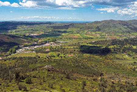 Aerial view on a Portuguese village hills and fieldsの写真素材
