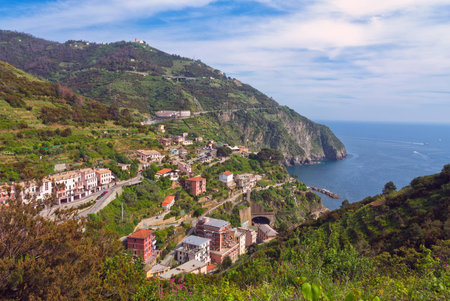 The aaerial view to the Riomaggiore from a hillの写真素材