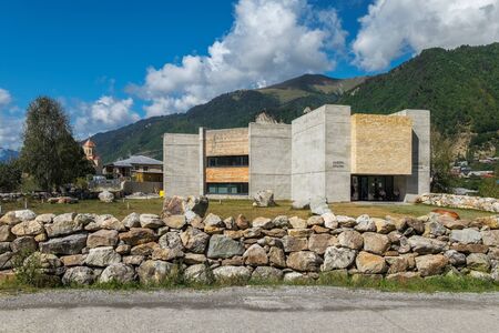 September 2014, Mestia, Georgia - Svaneti museum building of modern architectureのeditorial素材