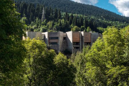 September 2014, Mestia, Georgia - Svaneti museum building in trees on a sunny weatherのeditorial素材