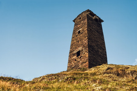 Single svan tower standing on a hill, view from bottomの写真素材
