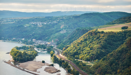 Aerial view to hills and agriculture fields of Rheinland-Pfalz state with river Rhein from tourist route on Hesse landの写真素材