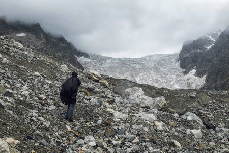 Amazing view to full Lardaad glacier icefall in mountains of Svaneti Georgiaの写真素材