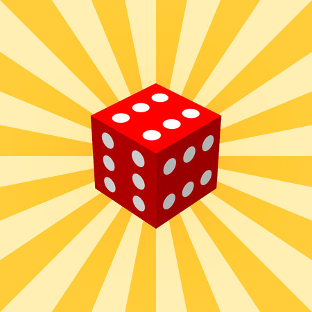 Big red dice on a yellow radial background. Vector illustrationのイラスト素材