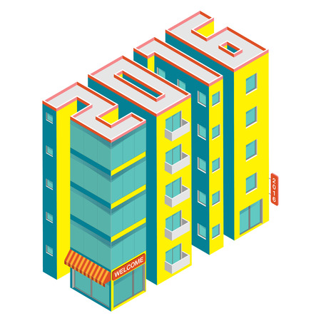 Isometric buildings in the form of 2016. Building icon isolated on a white background. Isometric vector illustration.のイラスト素材