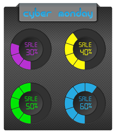 Set of colorful progress bars on a dark hi-tech background. Sale, discount theme for Cyber Monday. のイラスト素材