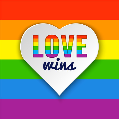 Rainbow flag. Heart background with Love Wins text. illustration in LGBT colors. Gay culture symbol, horizontal rainbowのイラスト素材
