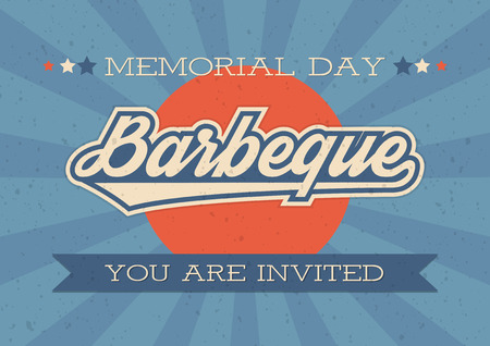Memorial Day background. illustration with text and ribbon for retro posters, decoration. White text with long shadows. Barbeque invitation.のイラスト素材