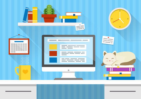 Flat design vector illustration of modern office interior. Creative cartoon workspace with computer, sleeping cat, notes, books. calendar, clock. Minimalistic style and color, long shadows.のイラスト素材