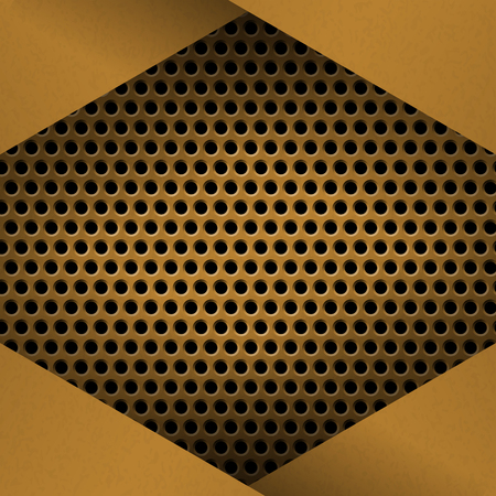Metal Background with plate and rivets. Perforated metallic grunge texture. Brushed Brass, copper latticed surface template. Abstract industrial techno vector illustration.のイラスト素材