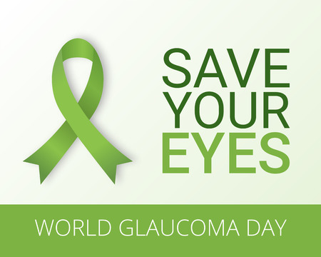 World Glaucoma Day background with green ribbon. Vector illustration. Fighting blindness, cataract, vision impairment. Eye health concept. Creative flyer, poster template for ophthalmology.のイラスト素材