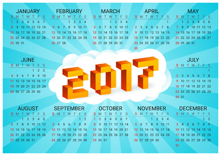 2017 calendar on a blue background in style of old 8-bit video games. Week starts from Sunday. Vibrant colorful 3D Pixel Letters. Retro arcade. Holiday vector horizontal illustration.のイラスト素材