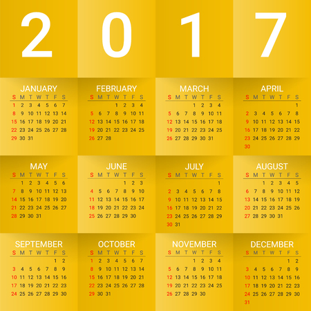 Calendar for 2017 Year on Yellow Background. Week starts from sunday. Modern Creative Vector Design Print Template. Holiday vector illustration. Paper layers. Corporate business layout.のイラスト素材
