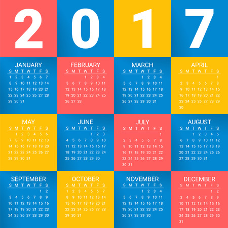 Calendar for 2017 Year on bright colorful background. Week starts from sunday. Modern Creative Vector Design Print Template. Holiday vector illustration. Paper layers. Corporate business layout.のイラスト素材