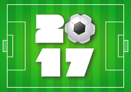 Greeting card for 2017 Year with soccer ball on bright green background. Sport, football, games theme. Modern Creative Vector Design Print Template. FLyer, poster layout. Holiday vector illustration.のイラスト素材