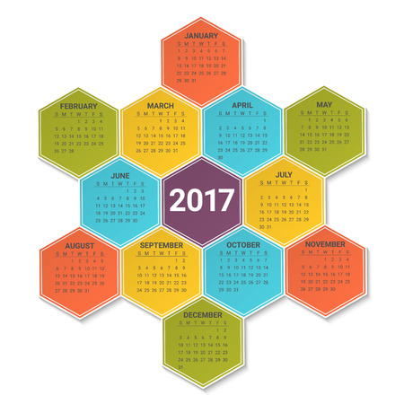 Calendar for 2017 Year on bright colorful hexagonal background. Week starts from sunday. Modern Creative Vector Design Print Template. Holiday vector illustration. Corporate business layout.のイラスト素材