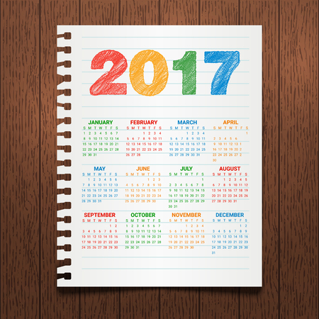 Calendar for 2017 Year on a dark wooden background. Hand drawn colorful text. Modern Creative Vector Design Print Template. Holiday vector illustration. Notebook paper. Corporate business layout.のイラスト素材