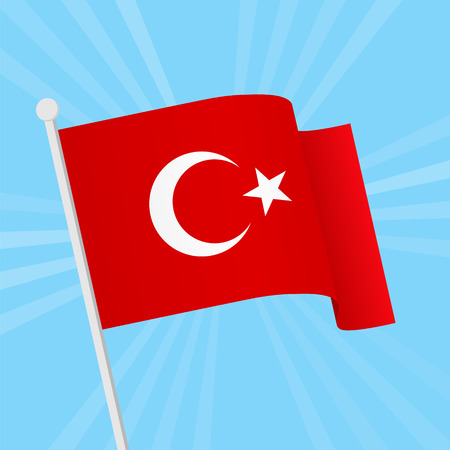 Illustration for National Day of Turkey. Red Turkish flag on a blue sky background. Colorful template for celebrations. Patriotic background.のイラスト素材