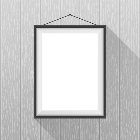 Vector mockup. White poster with black frame hanging on a gray wooden wall. Empty blank. Wood texture with vertical stripes, rustic panels. Hardwood background. Creative business interior template.のイラスト素材