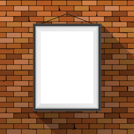 Vector mockup. White poster with black frame hanging on a dark red brick wall. Empty blank. Grunge brickwork background, textured rough surface. Creative business interior template.のイラスト素材