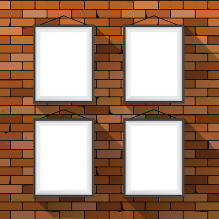 Vector mockup. Four white posters with black frames hanging on a dark red brick wall. Empty blanks. Grunge brickwork background, textured rough surface. Creative business interior template.のイラスト素材