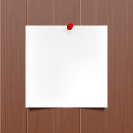 Vector mockup. Sheet of paper with a red push pin hanging on a brown wooden wall. Empty blank. Wood texture with vertical stripes, rustic panels. Hardwood background. Creative interior template.のイラスト素材