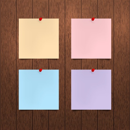 Vector mockup. Sheets of color paper with a red push pins hanging on a brown wooden wall. Empty blanks, notes. Wood texture with vertical stripes, rustic panels. Hardwood background. Interior templateのイラスト素材