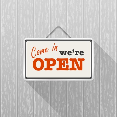 Simple white sign with text "Come in we're open" hanging on a gray wooden wall. Wood texture with vertical stripes, rustic panels. Creative business interior template for shop, store, supermarket.のイラスト素材
