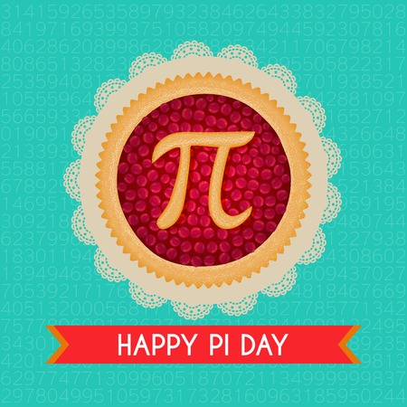 Pi Day background. Baked cherry pie with Pi Symbol and ribbon. Mathematical constant, irrational number, greek letter. Abstract digital illustration for March 14th. Poster creative templateのイラスト素材