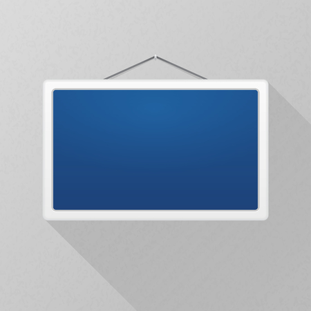 Vector mockup. Simple blue sign with long shadow hanging on a gray office wall. White rectangular frame. Empty blank. Creative interior template. Modern workspace illustration. Grunge textureのイラスト素材