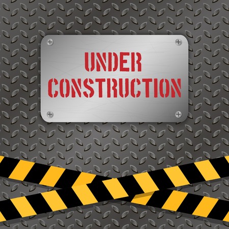 Techno vector illustration. Metallic plate with text 'Under Construction' on a metal background. Warning tapes. Grunge texture. Brushed Steel, iron, aluminum surface. Engineering, construction themeのイラスト素材