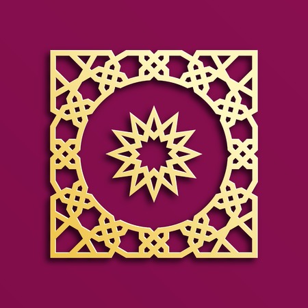 Vector muslim mosaic, persian motif. Mosque decoration element. Islamic golden geometric pattern. Elegant gold oriental ornament, traditional arabic art. 3D illustration for brochures, greeting cardsのイラスト素材