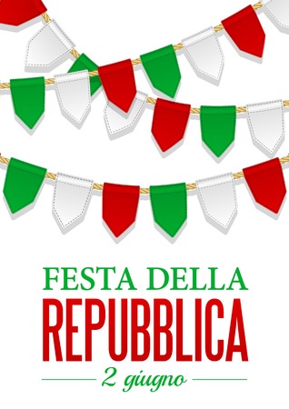 Text Italian Republic Day, 2 th of June. Vector illustration for National Day of Italy. Bunting decoration in colors of flag. Garlands, pennants on a rope for party, carnival, festival, celebrationのイラスト素材