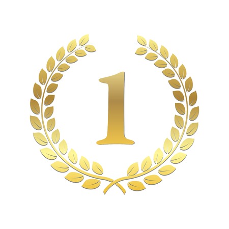Golden Laurel Wreath. Award for winners. Honoring champions. Sign for 1st place. Trophy for challenge. Symbol of victory and achievements. Vector illustration.のイラスト素材