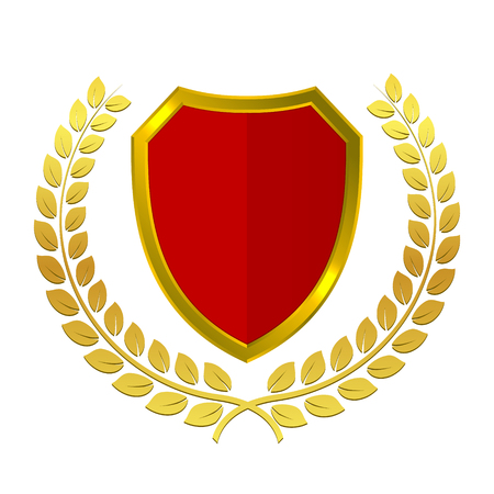 Golden shield logo with laurel wreath. Red and gold medieval heraldic vector illustration. Creative vintage icon. Guarding and security concept. Bright yellow metallic symbol on a dark background.のイラスト素材
