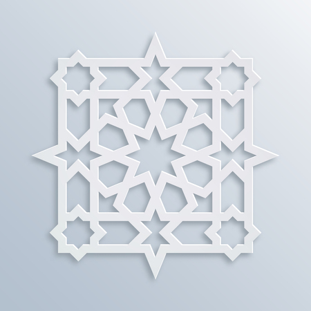 Vector muslim mosaic, persian motif. Mosque decoration element. Islamic geometric pattern. Elegant white oriental ornament, traditional arabic art. 3D mandala for brochures, invitations, greeting cardのイラスト素材