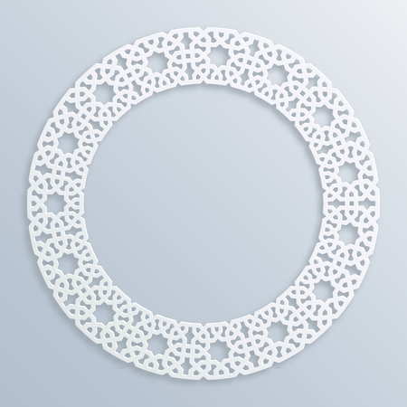 3D round white frame, vignette. Islamic geometric border, bas-relief. Vector muslim, persian motif. Elegant oriental ornament, traditional arabic art. Mosque decoration. Element for greeting cardsのイラスト素材