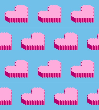 A seamless background of isometric pixel hearts. Vector illustration in style of old 8-bit video games. Creative love pattern in blue and pink colors for greeting cards, wrapping. Valentine Day template.のイラスト素材