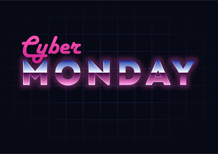 Cyber Monday sale hi-tech background, online shopping and marketing concept, technology vector illustration. Retro Chrome Text Effect Retailing and discount theme. Flyer, poster template with lettersのイラスト素材