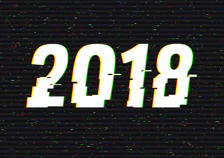 2018 glitch text. Anaglyph 3D effect. Technological retro background. Vector illustration. Creative web template. Flyer, poster layout. Computer program, TV channel screen, broadcasting concept.のイラスト素材