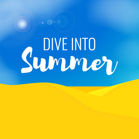 Flat summer vector landscape. Dive into summer text. Travel and vacation concept template with sun, clouds and sand. Stylish trendy outdoor tourism, rest theme. Modern creative illustration.のイラスト素材