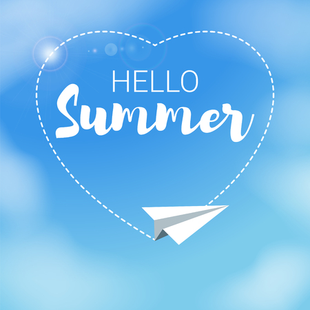 White paper plane in a blue sky with clouds. Hello Summer text in a heart shape. Summer season and vacation theme. Freedom, air travelling concept. Creative modern vector illustration.のイラスト素材
