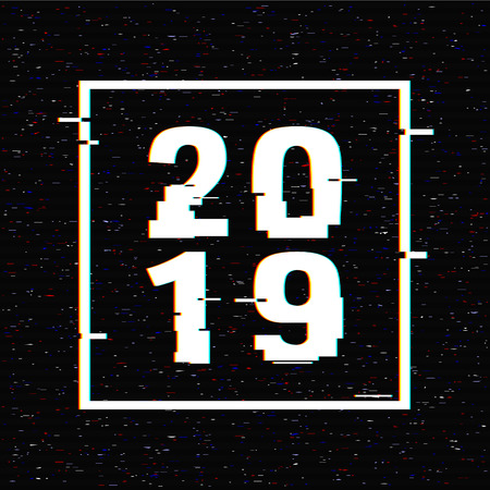 2019 glitch text in a frame. New Year concept. Anaglyph 3D effect. Technological retro background. Vector illustration. Creative web template Flyer, poster layout. Computer program, TV channel screenのイラスト素材