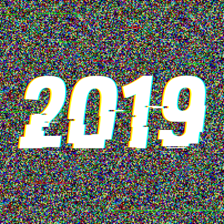 2019 glitch text. New Year concept. Anaglyph 3D effect. Technological retro background. Vector...
