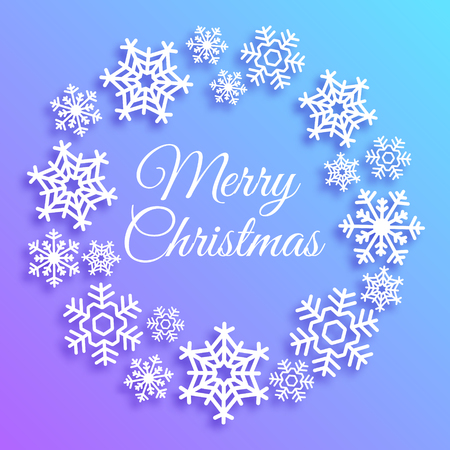 Merry Christmas greeting card. Wreath made of white snowflakes. Elegant vector poster, flyer, creative ornament decoration. New Year, Winter Holidays template for celebration Blue gradient background.のイラスト素材