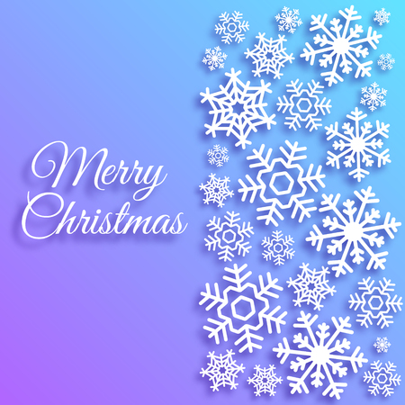 Merry Christmas greeting card with white snowflakes. Xmas vector background template. Elegant poster, flyer, creative ornament decoration. Paper style. New Year Winter Holidays design for celebrationのイラスト素材